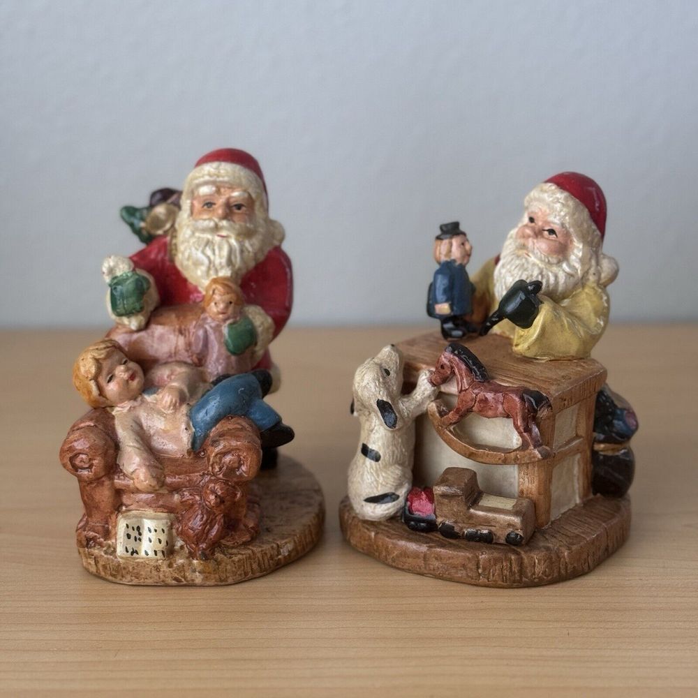 Vtg Lot 2 Ceramic Xmas Santa Claus Elf Gnome Figurines Kitsch Hand Painted Decor